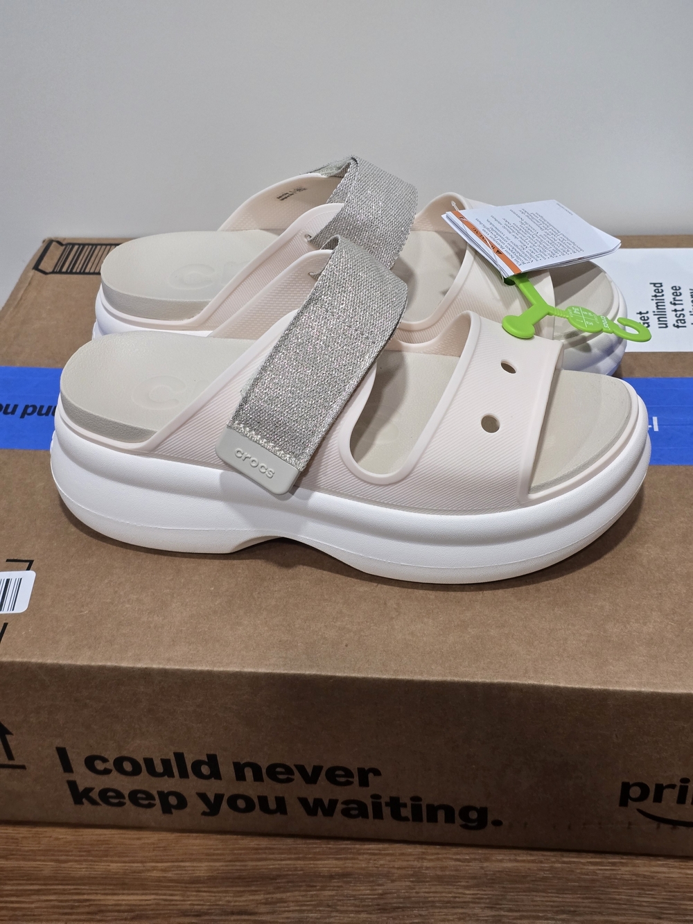 CROCS Platform Slide Sandal with Metallic Strap in Light Pink and Silver